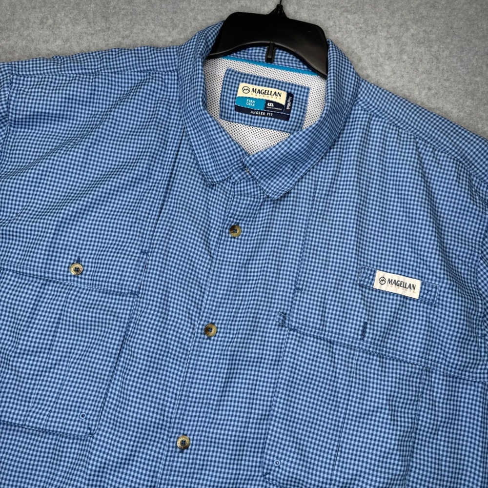 Magellan Fishing Shirt Mens 4XL Blue Gingham Check Plaid Angler Fit Vented